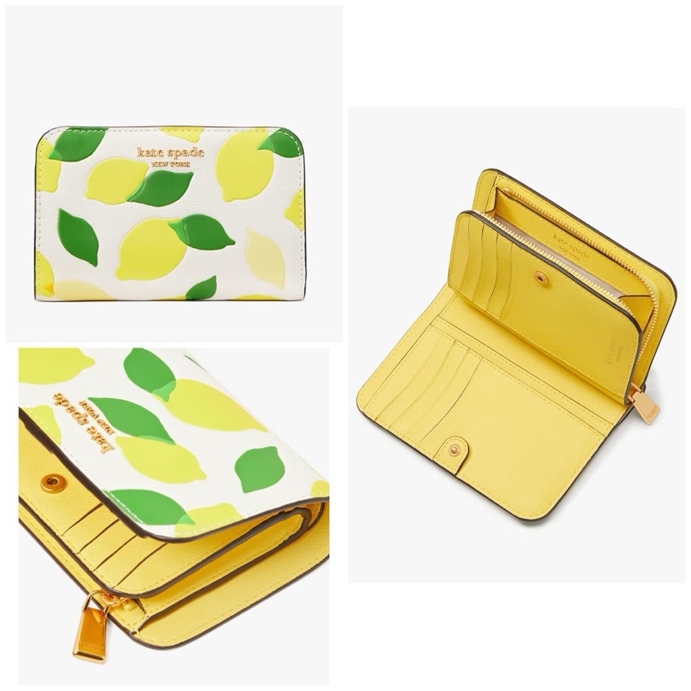 🍋🍀🍋  Kate Spade Morgan Lemon Toss Embossed Compact Wallet NEW🍋🍀🍋